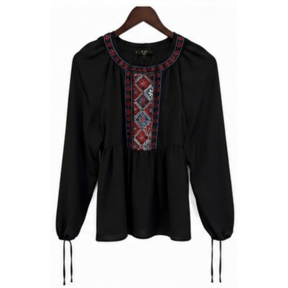 1.2.3 Paris Maison Blouse 38 US 8 Black Embroidered Peasant Peplum Long Sleeve